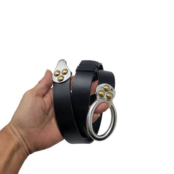 Chico’s Black Leather Off The Hip Adjustable Belt M Silver Gold Hook Buckle Punk - Picture 1 of 13